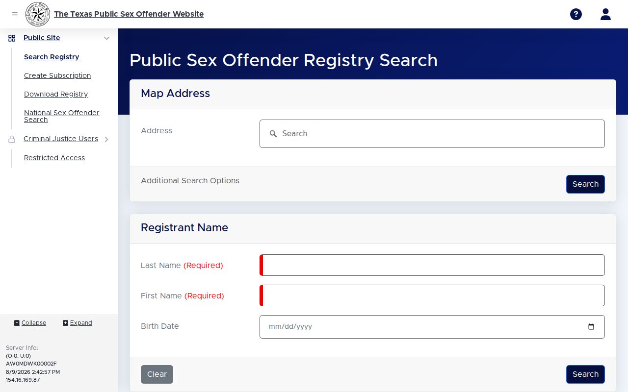 Kendall County sex offender registry profile field layout from Texas DPS